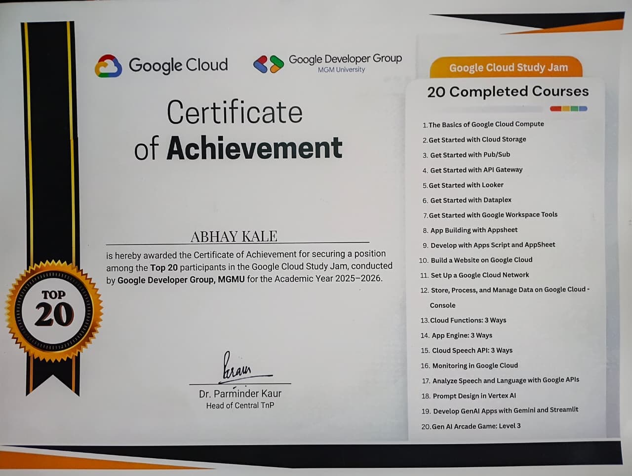 Google Cloud Study Jam certificate preview